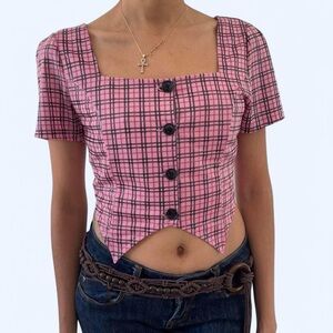 🖤💖Ohs Pink & Black Plaid Button-Up Crop Top🖤💖